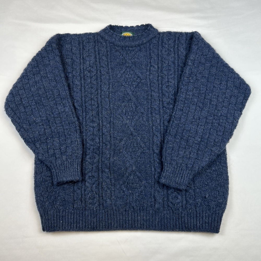 VTG Cabelas 100% Wool Fisherman Sweater Blue Made In Ireland Women's XL Heavy